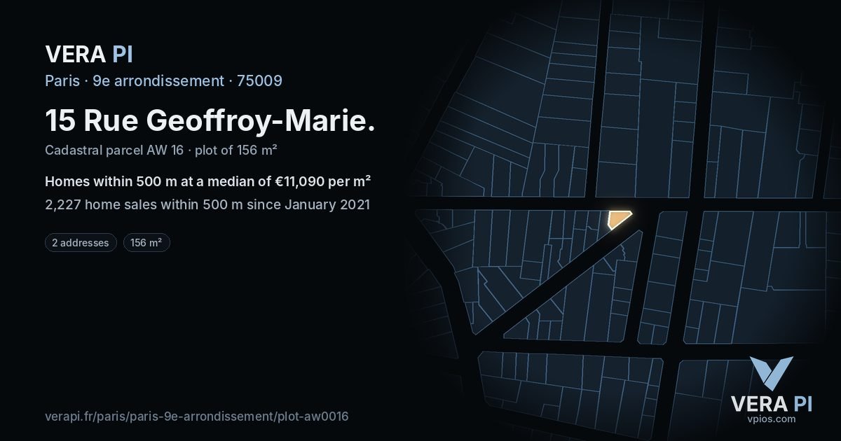 15 Rue Geoffroy-Marie, 9e arrondissement at night – the plot lit, the parcels around coloured by the prices near them
