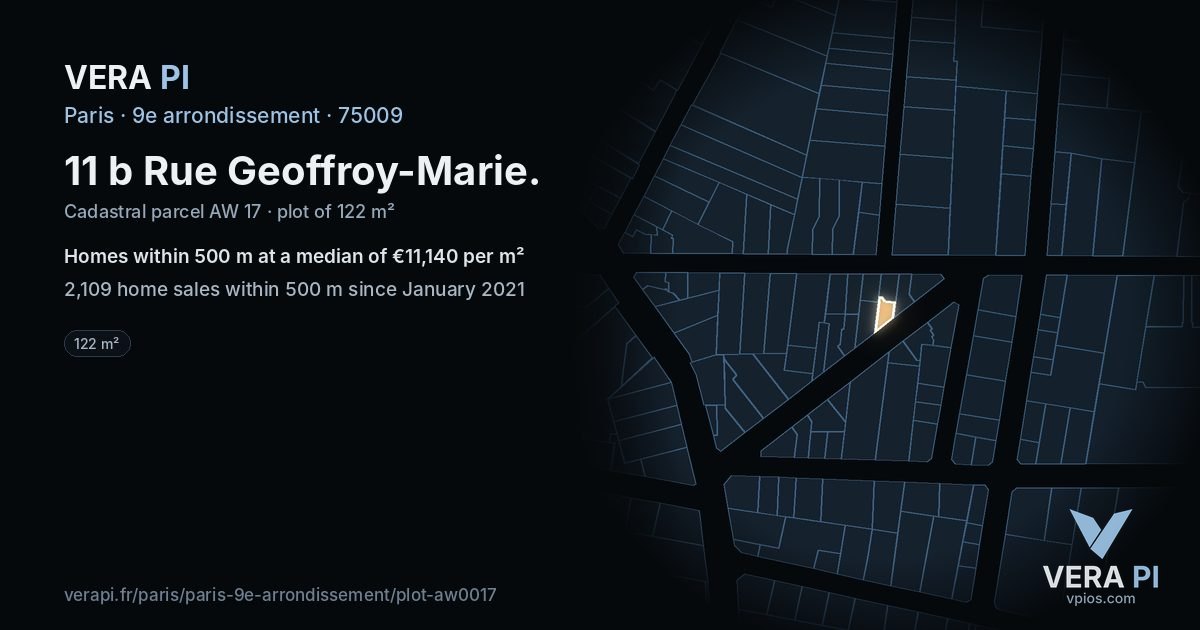11 b Rue Geoffroy-Marie, 9e arrondissement at night – the plot lit, the parcels around coloured by the prices near them