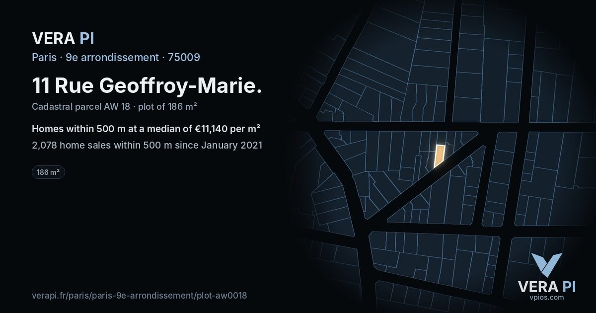 11 Rue Geoffroy-Marie, 9e arrondissement at night – the plot lit, the parcels around coloured by the prices near them