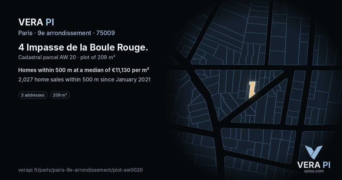 4 Impasse de la Boule Rouge, 9e arrondissement at night – the plot lit, the parcels around coloured by the prices near them