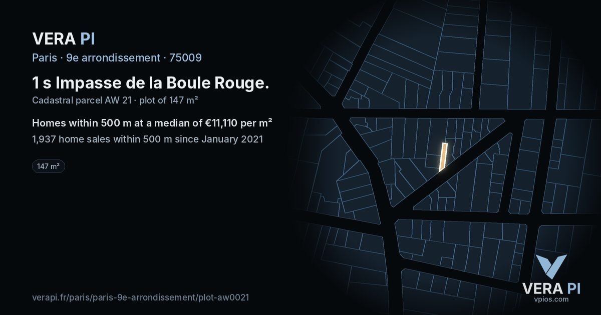 1 s Impasse de la Boule Rouge, 9e arrondissement at night – the plot lit, the parcels around coloured by the prices near them