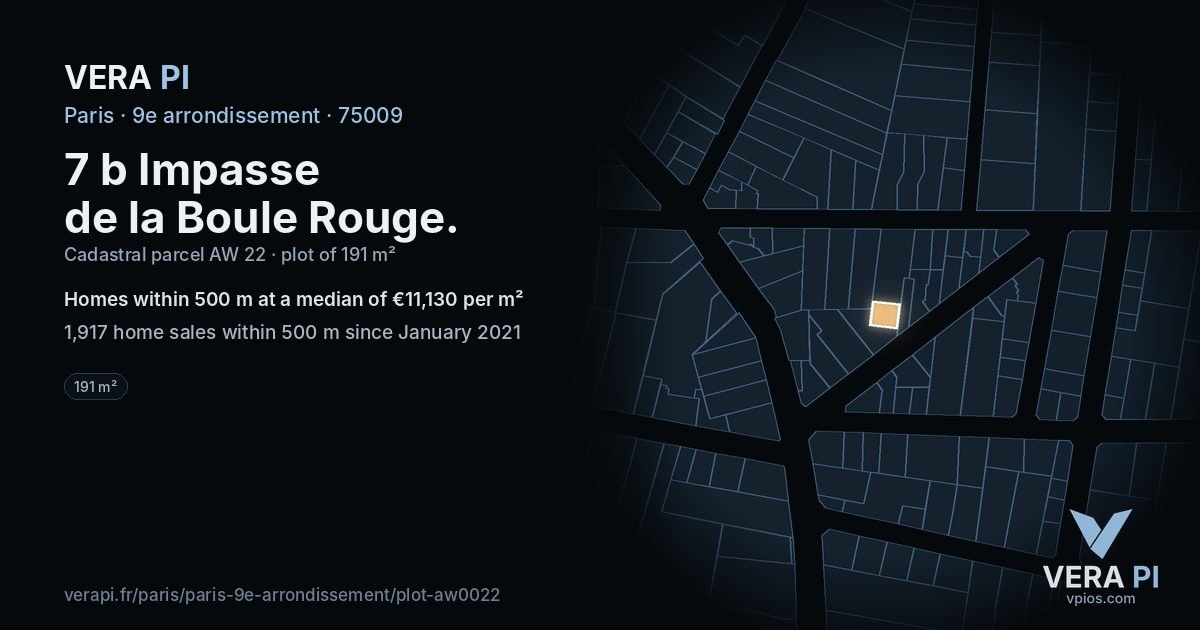 7 b Impasse de la Boule Rouge, 9e arrondissement at night – the plot lit, the parcels around coloured by the prices near them