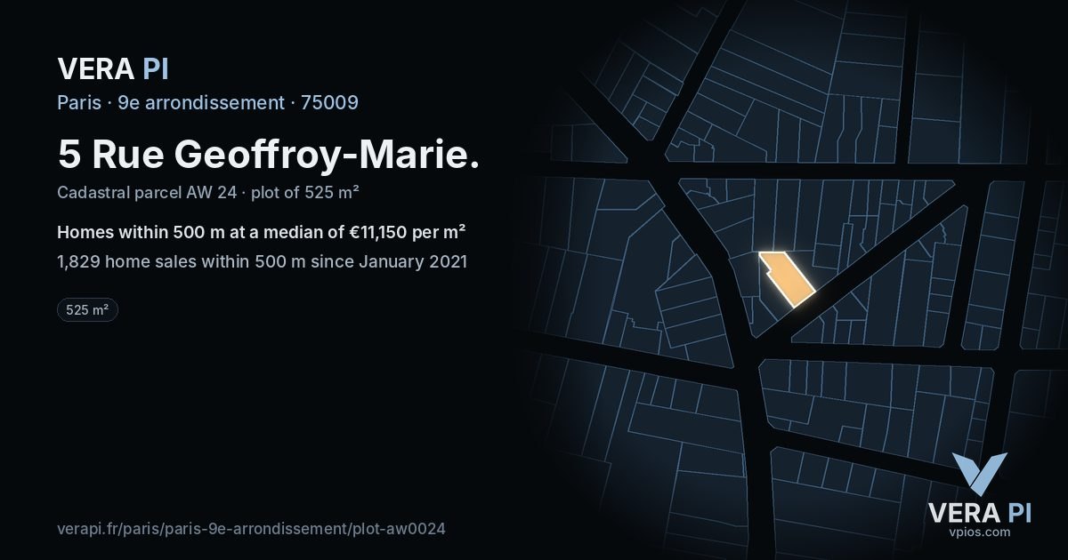 5 Rue Geoffroy-Marie, 9e arrondissement at night – the plot lit, the parcels around coloured by the prices near them