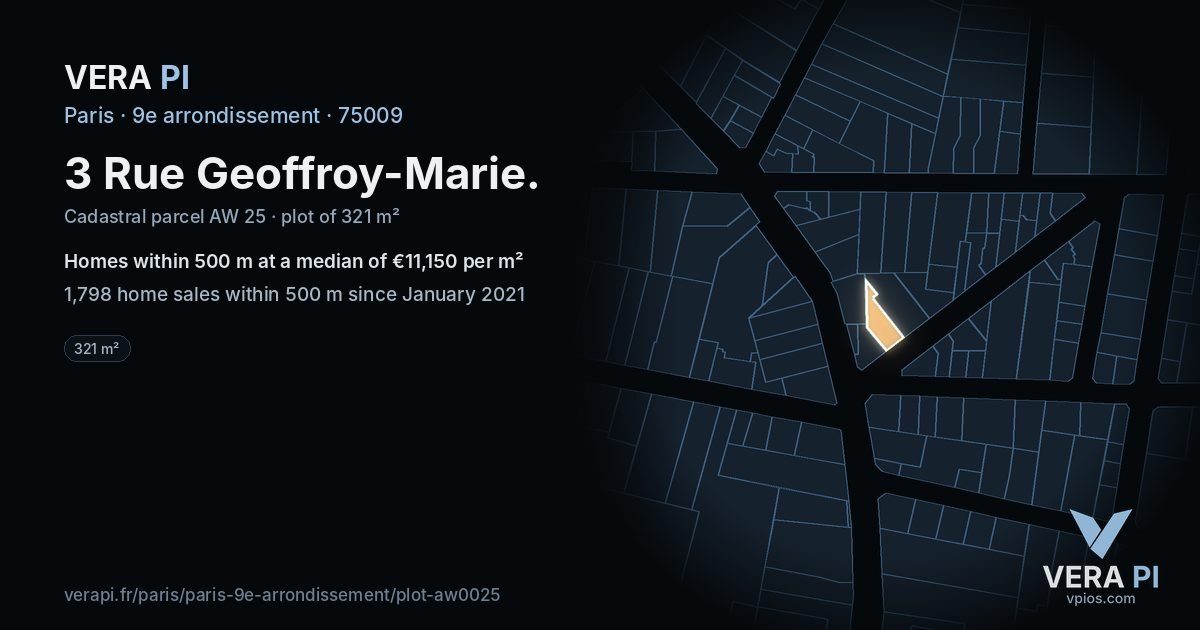 3 Rue Geoffroy-Marie, 9e arrondissement at night – the plot lit, the parcels around coloured by the prices near them