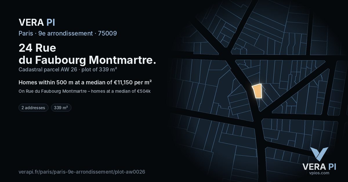 24 Rue du Faubourg Montmartre, 9e arrondissement at night – the plot lit, the parcels around coloured by the prices near them