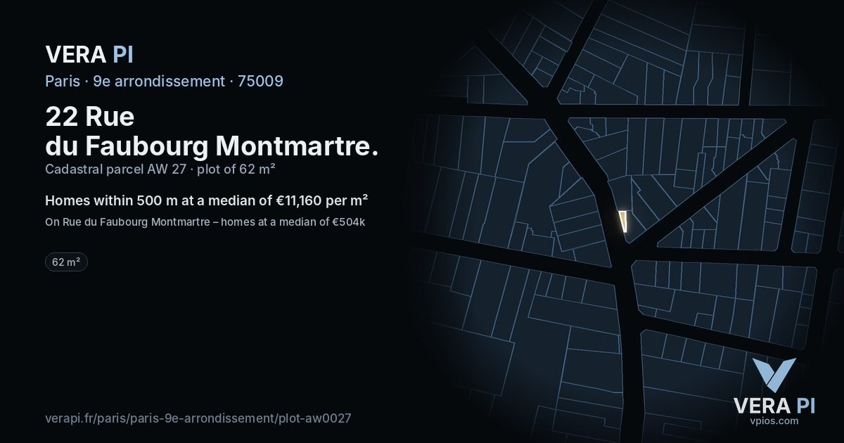 22 Rue du Faubourg Montmartre, 9e arrondissement at night – the plot lit, the parcels around coloured by the prices near them