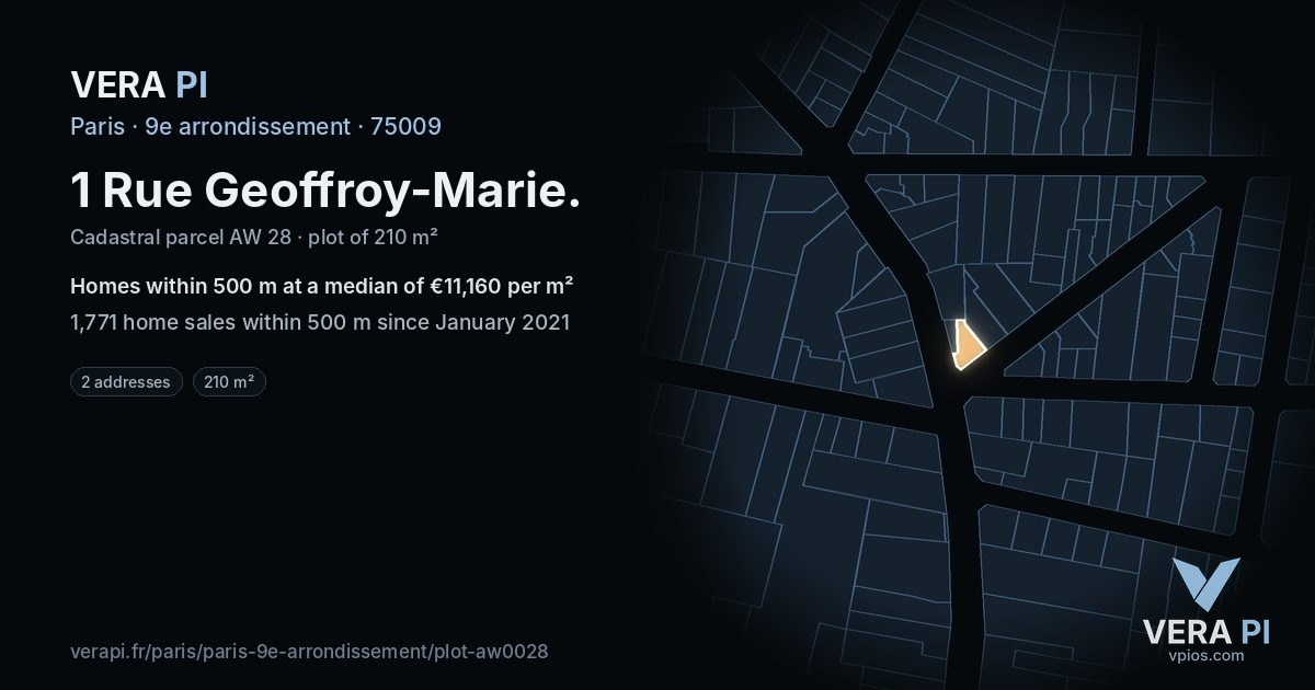1 Rue Geoffroy-Marie, 9e arrondissement at night – the plot lit, the parcels around coloured by the prices near them