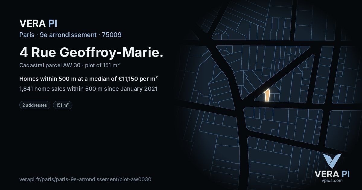 4 Rue Geoffroy-Marie, 9e arrondissement at night – the plot lit, the parcels around coloured by the prices near them