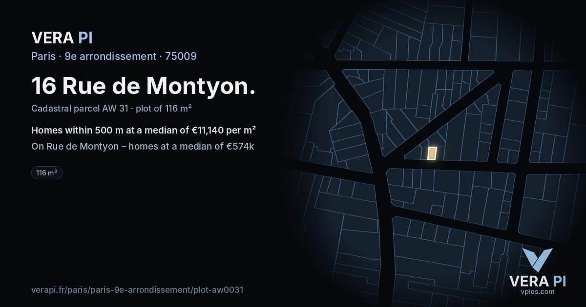 16 Rue de Montyon, 9e arrondissement at night – the plot lit, the parcels around coloured by the prices near them