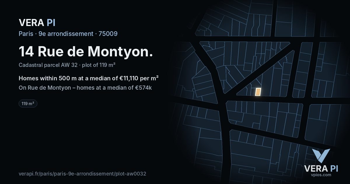 14 Rue de Montyon, 9e arrondissement at night – the plot lit, the parcels around coloured by the prices near them