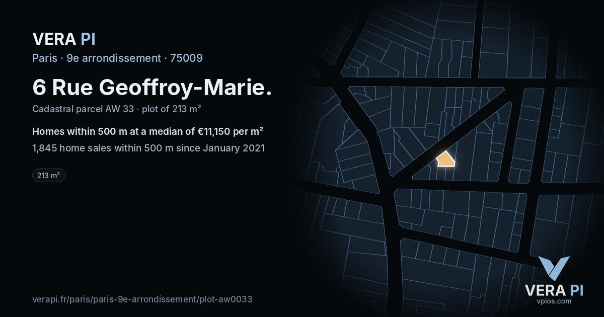 6 Rue Geoffroy-Marie, 9e arrondissement at night – the plot lit, the parcels around coloured by the prices near them