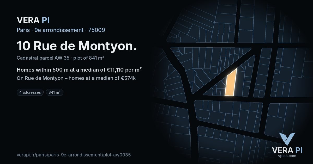 10 Rue de Montyon, 9e arrondissement at night – the plot lit, the parcels around coloured by the prices near them