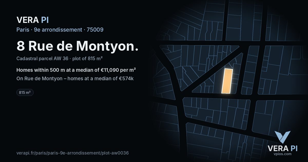 8 Rue de Montyon, 9e arrondissement at night – the plot lit, the parcels around coloured by the prices near them