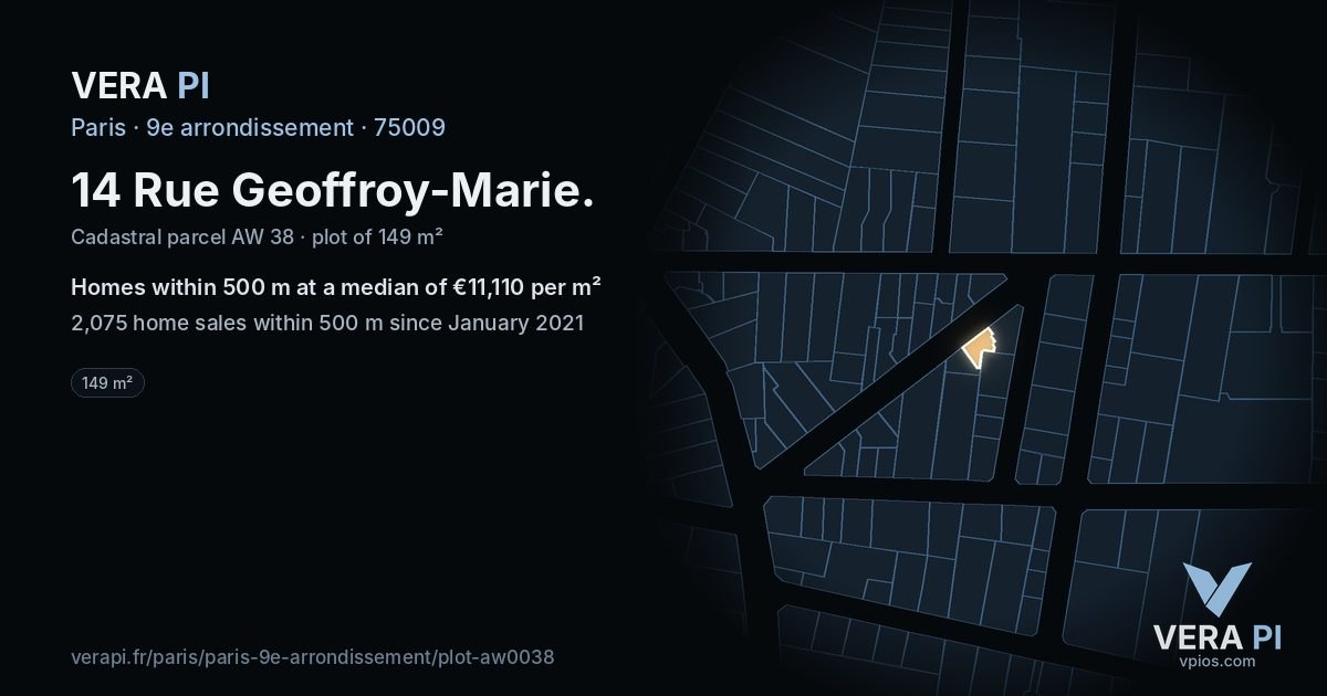 14 Rue Geoffroy-Marie, 9e arrondissement at night – the plot lit, the parcels around coloured by the prices near them