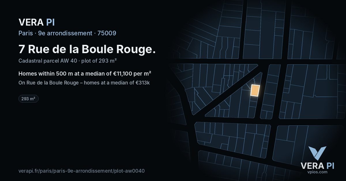 7 Rue de la Boule Rouge, 9e arrondissement at night – the plot lit, the parcels around coloured by the prices near them
