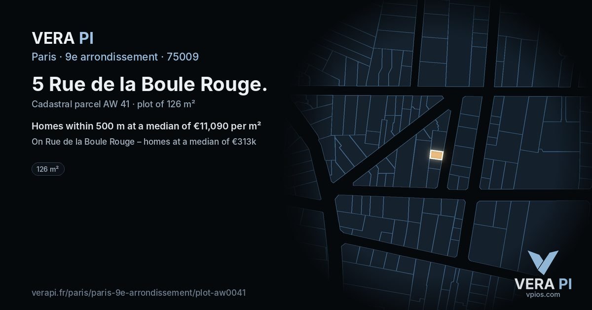 5 Rue de la Boule Rouge, 9e arrondissement at night – the plot lit, the parcels around coloured by the prices near them