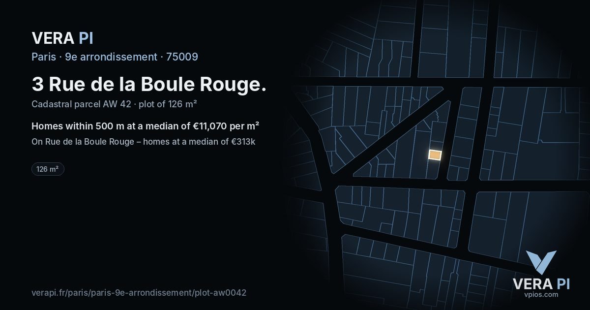 3 Rue de la Boule Rouge, 9e arrondissement at night – the plot lit, the parcels around coloured by the prices near them
