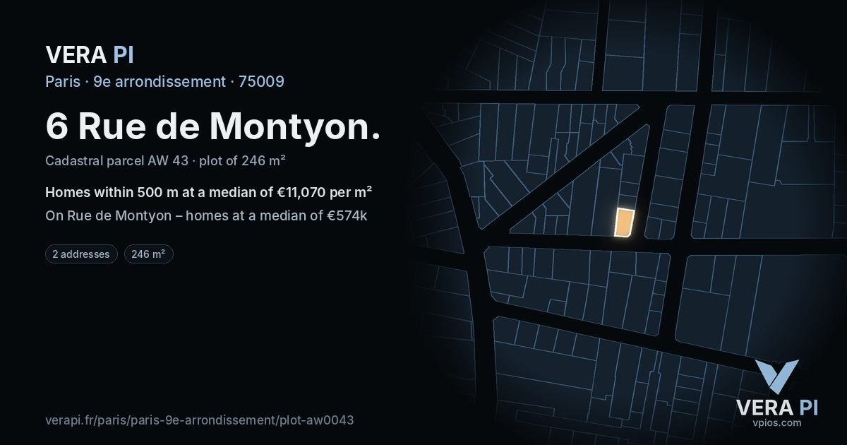 6 Rue de Montyon, 9e arrondissement at night – the plot lit, the parcels around coloured by the prices near them