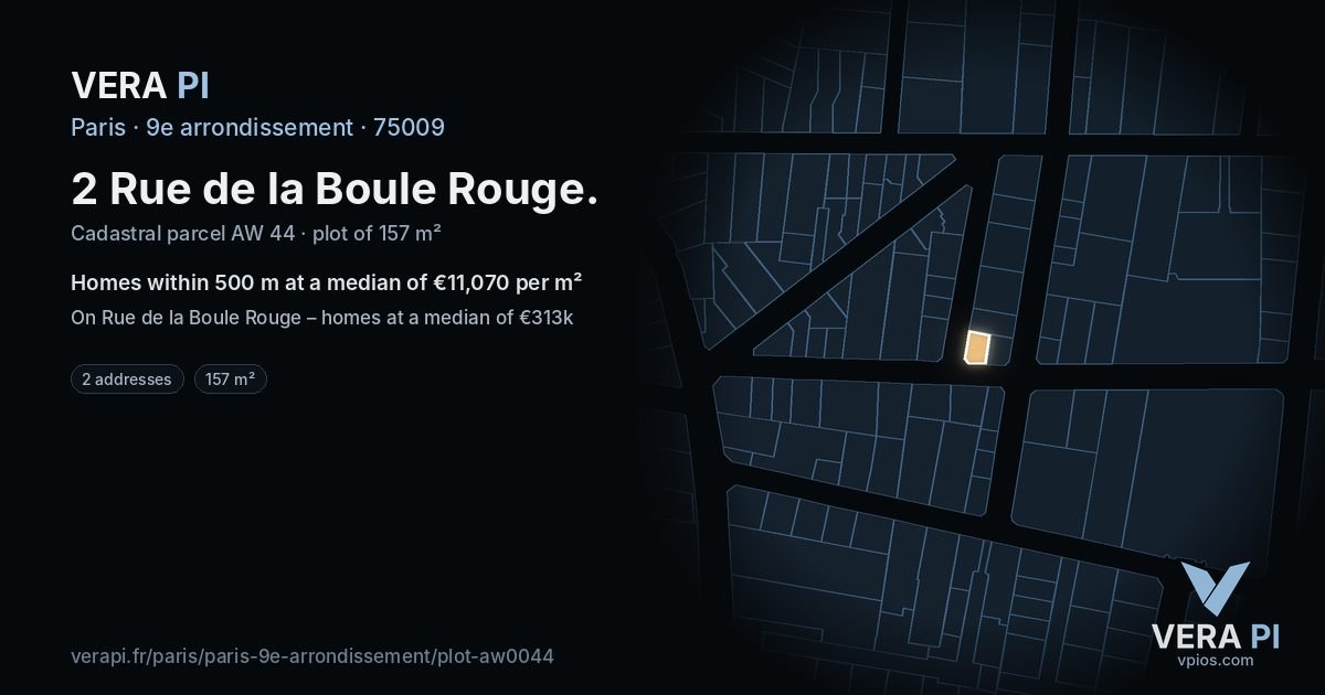 2 Rue de la Boule Rouge, 9e arrondissement at night – the plot lit, the parcels around coloured by the prices near them