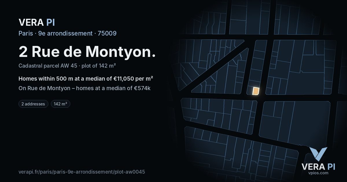 2 Rue de Montyon, 9e arrondissement at night – the plot lit, the parcels around coloured by the prices near them