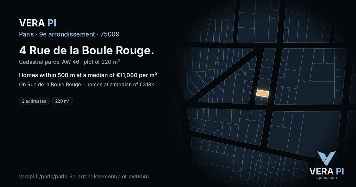4 Rue de la Boule Rouge, 9e arrondissement at night – the plot lit, the parcels around coloured by the prices near them