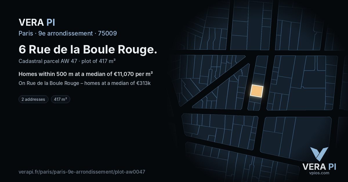 6 Rue de la Boule Rouge, 9e arrondissement at night – the plot lit, the parcels around coloured by the prices near them