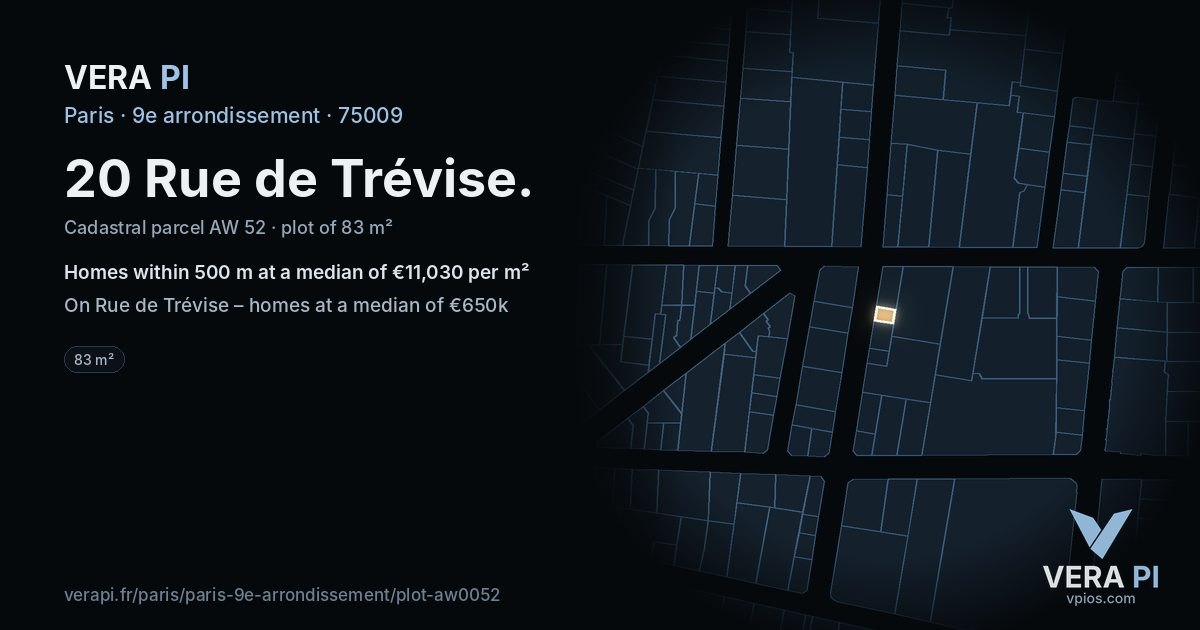20 Rue de Trévise, 9e arrondissement at night – the plot lit, the parcels around coloured by the prices near them