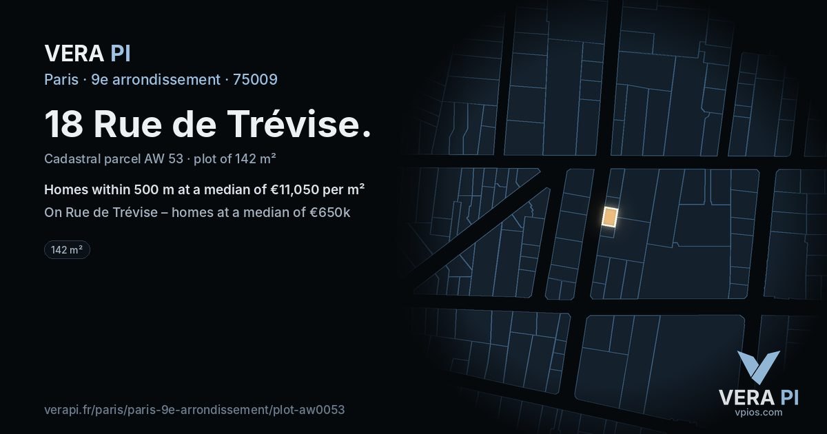 18 Rue de Trévise, 9e arrondissement at night – the plot lit, the parcels around coloured by the prices near them