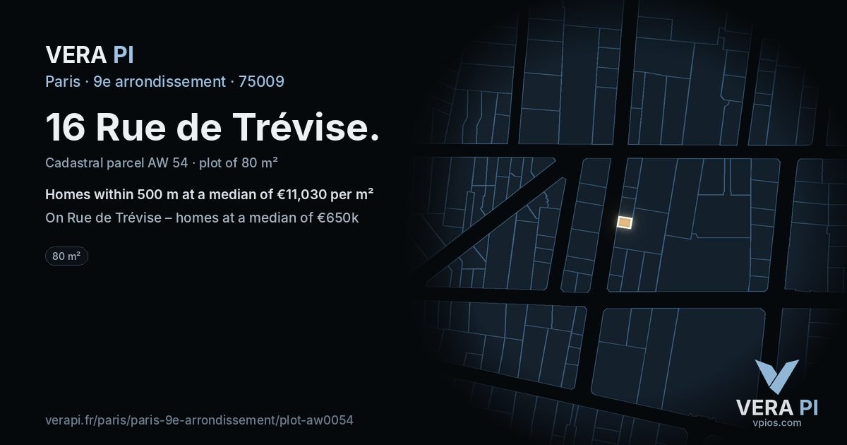 16 Rue de Trévise, 9e arrondissement at night – the plot lit, the parcels around coloured by the prices near them