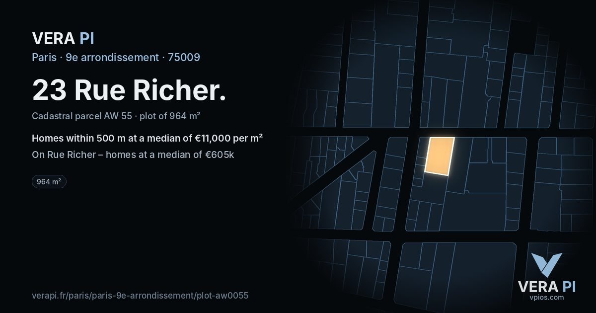 23 Rue Richer, 9e arrondissement at night – the plot lit, the parcels around coloured by the prices near them