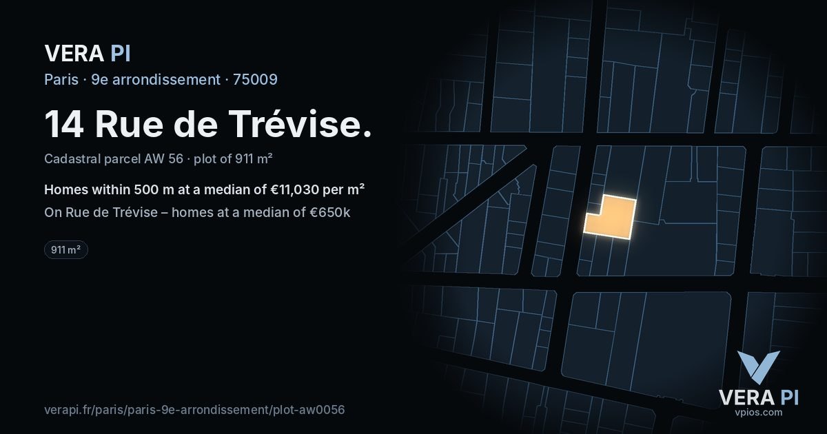 14 Rue de Trévise, 9e arrondissement at night – the plot lit, the parcels around coloured by the prices near them