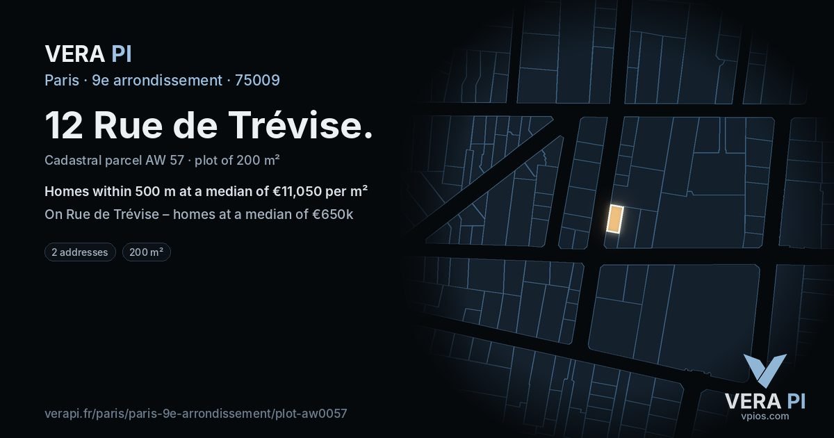 12 Rue de Trévise, 9e arrondissement at night – the plot lit, the parcels around coloured by the prices near them