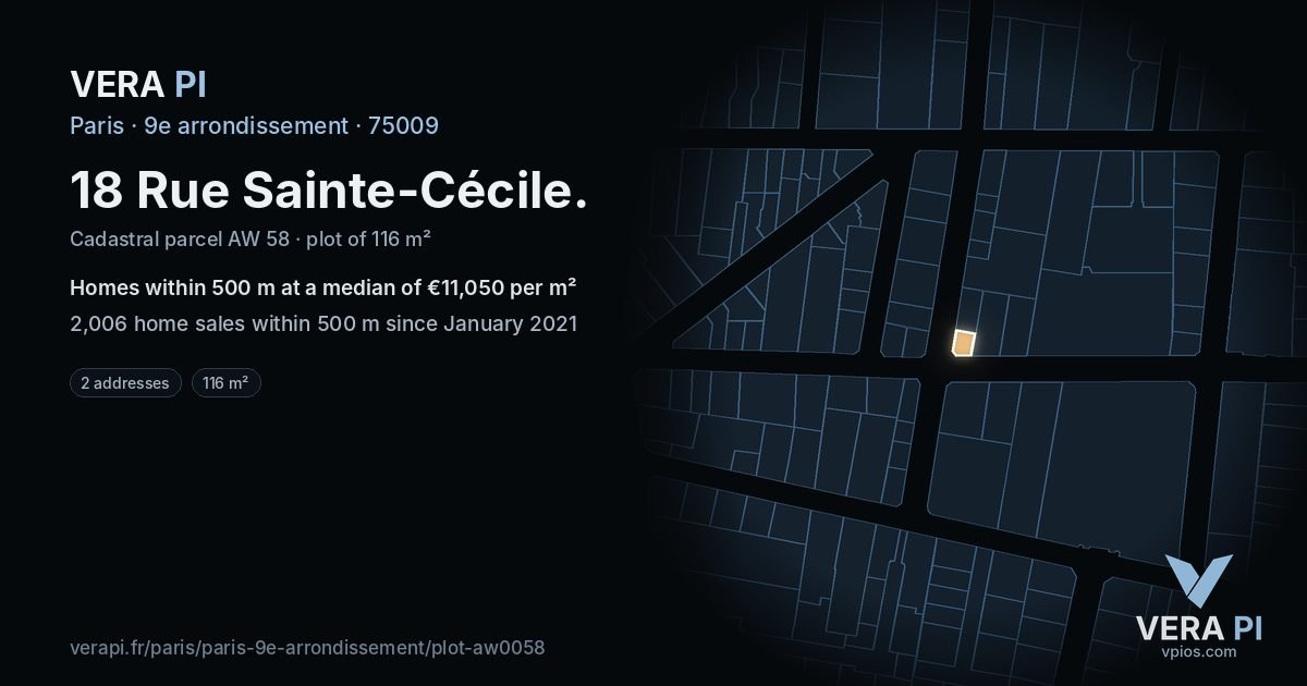 18 Rue Sainte-Cécile, 9e arrondissement at night – the plot lit, the parcels around coloured by the prices near them