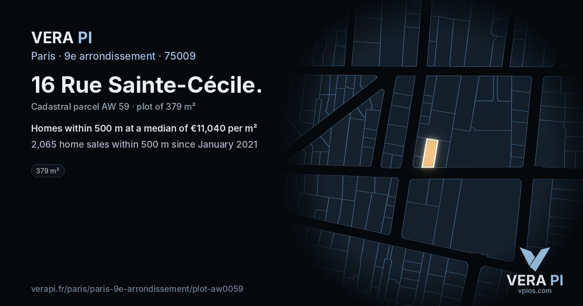 16 Rue Sainte-Cécile, 9e arrondissement at night – the plot lit, the parcels around coloured by the prices near them