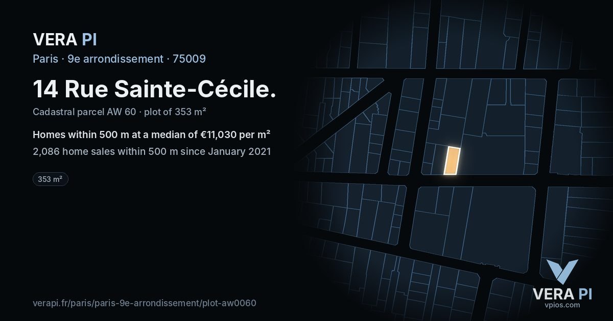 14 Rue Sainte-Cécile, 9e arrondissement at night – the plot lit, the parcels around coloured by the prices near them