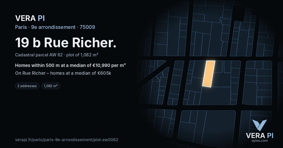 19 b Rue Richer, 9e arrondissement at night – the plot lit, the parcels around coloured by the prices near them