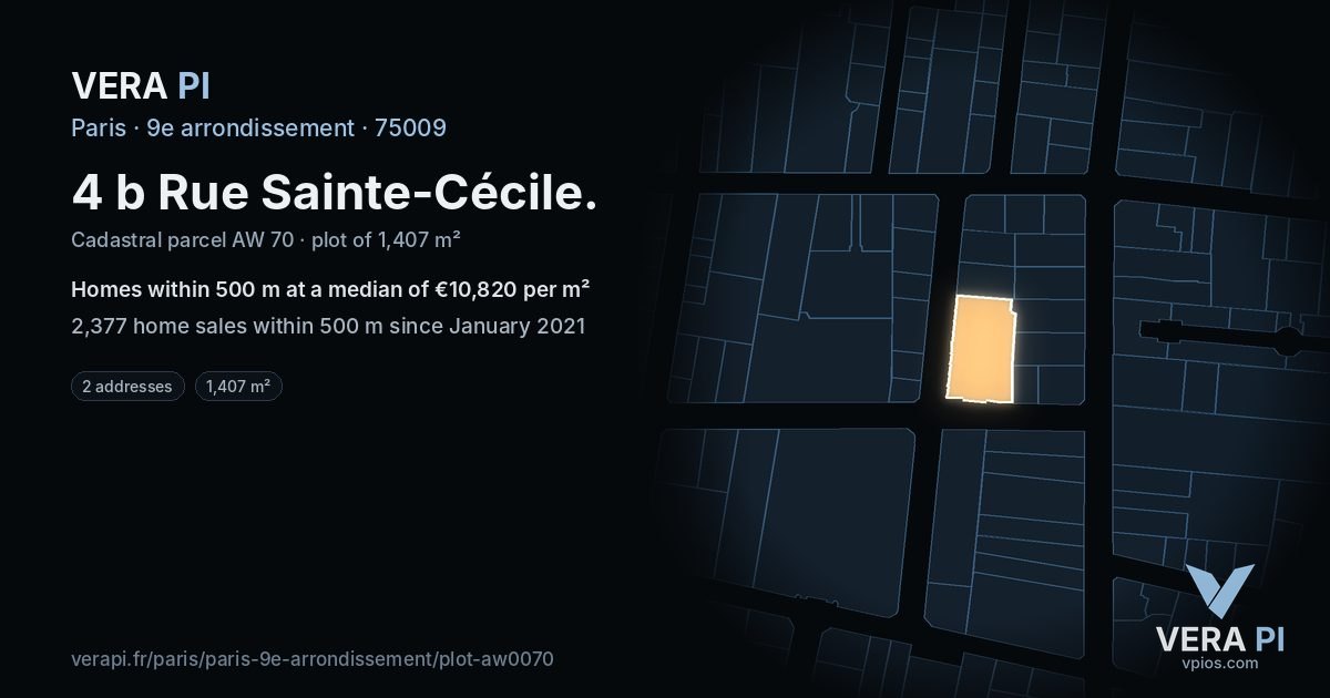 4 b Rue Sainte-Cécile, 9e arrondissement at night – the plot lit, the parcels around coloured by the prices near them