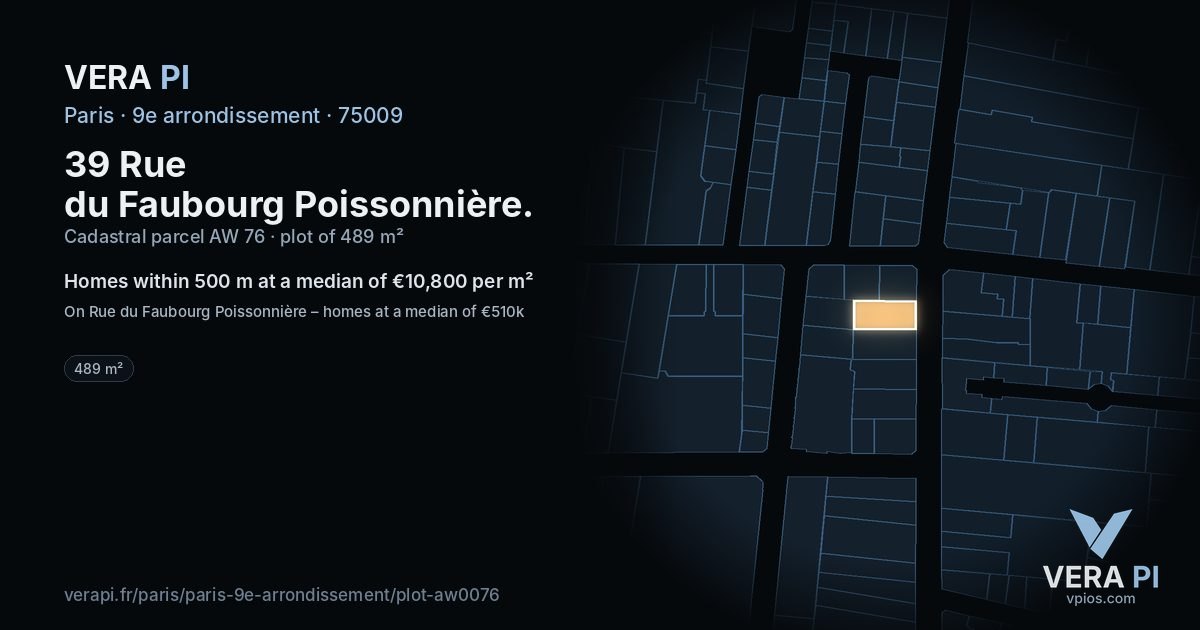 39 Rue du Faubourg Poissonnière, 9e arrondissement at night – the plot lit, the parcels around coloured by the prices near them
