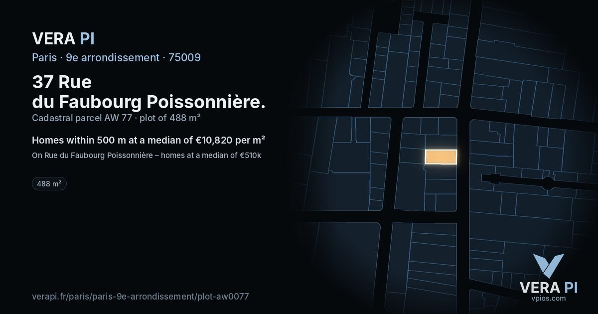 37 Rue du Faubourg Poissonnière, 9e arrondissement at night – the plot lit, the parcels around coloured by the prices near them