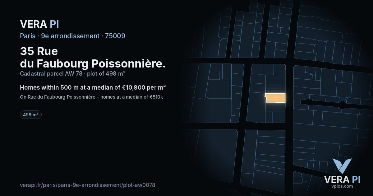 35 Rue du Faubourg Poissonnière, 9e arrondissement at night – the plot lit, the parcels around coloured by the prices near them