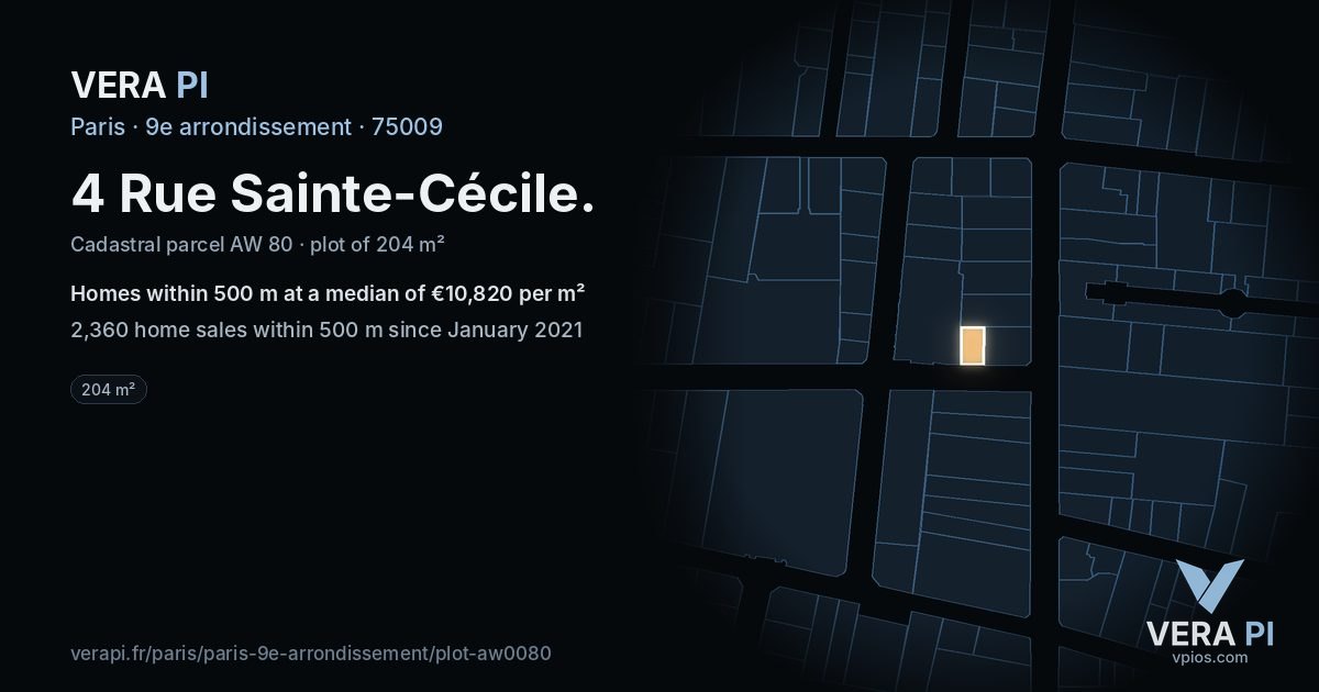 4 Rue Sainte-Cécile, 9e arrondissement at night – the plot lit, the parcels around coloured by the prices near them