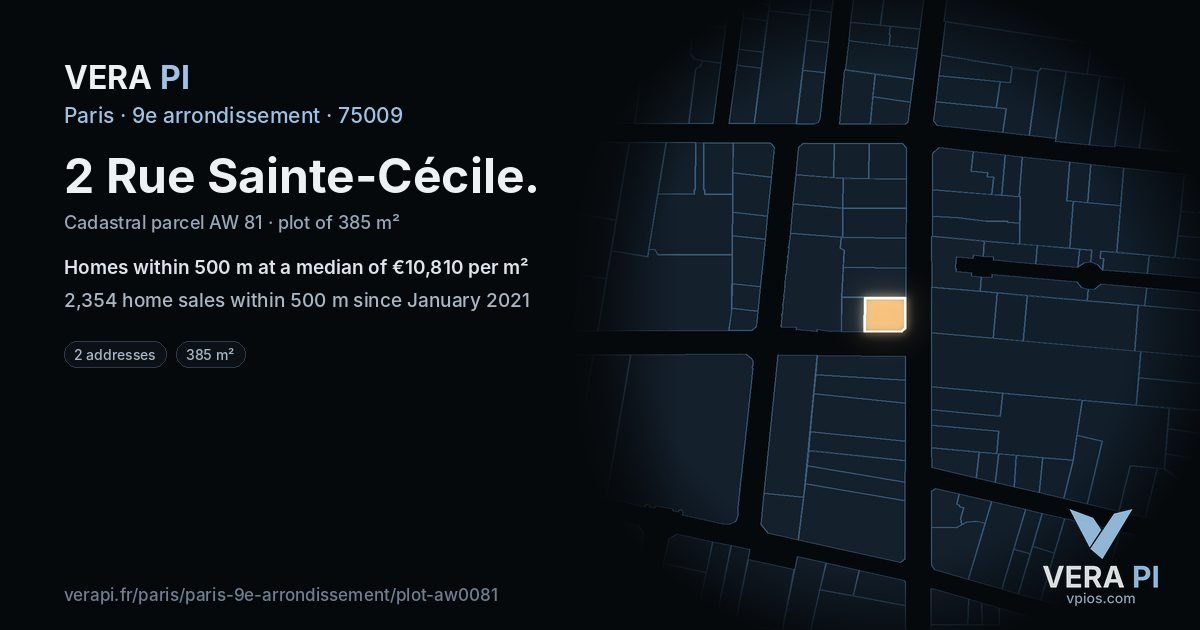 2 Rue Sainte-Cécile, 9e arrondissement at night – the plot lit, the parcels around coloured by the prices near them