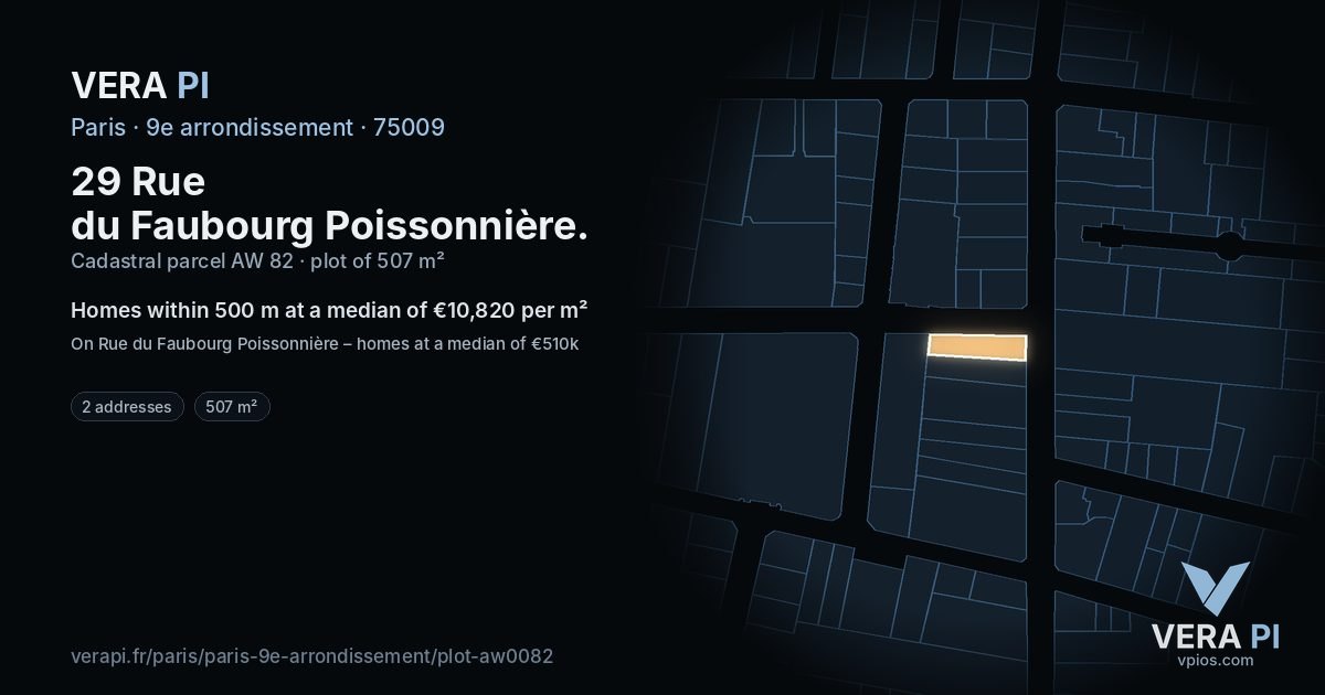 29 Rue du Faubourg Poissonnière, 9e arrondissement at night – the plot lit, the parcels around coloured by the prices near them