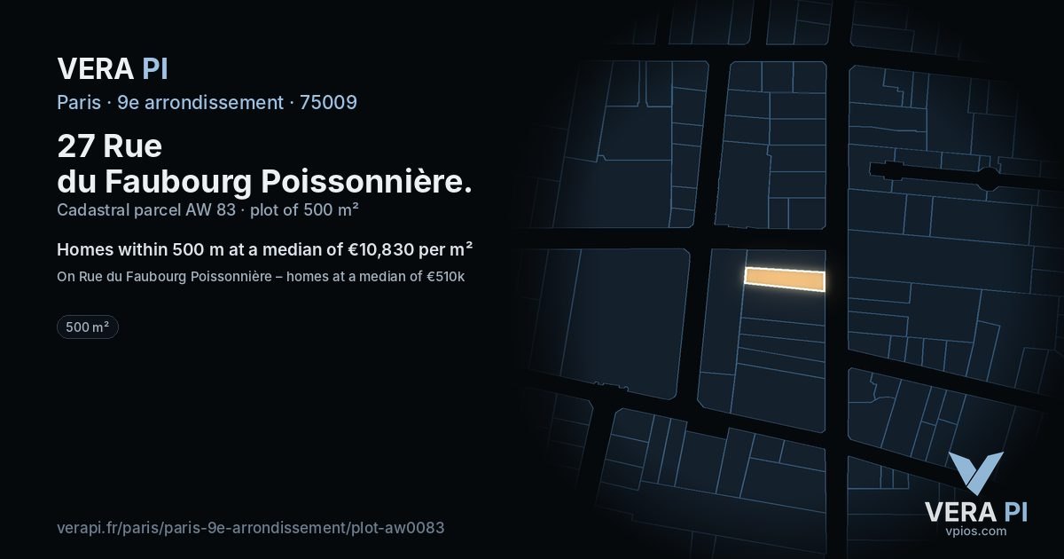 27 Rue du Faubourg Poissonnière, 9e arrondissement at night – the plot lit, the parcels around coloured by the prices near them