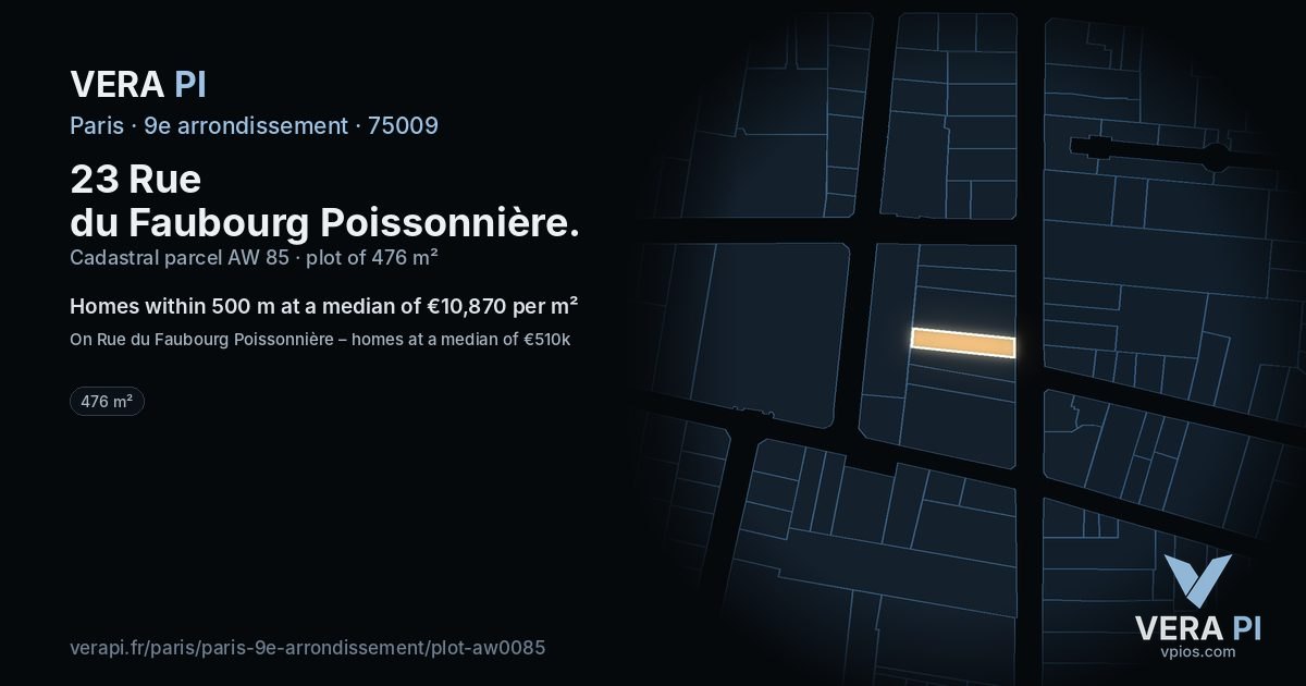 23 Rue du Faubourg Poissonnière, 9e arrondissement at night – the plot lit, the parcels around coloured by the prices near them