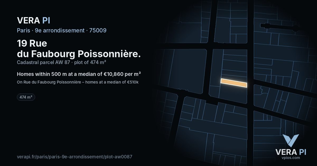 19 Rue du Faubourg Poissonnière, 9e arrondissement at night – the plot lit, the parcels around coloured by the prices near them