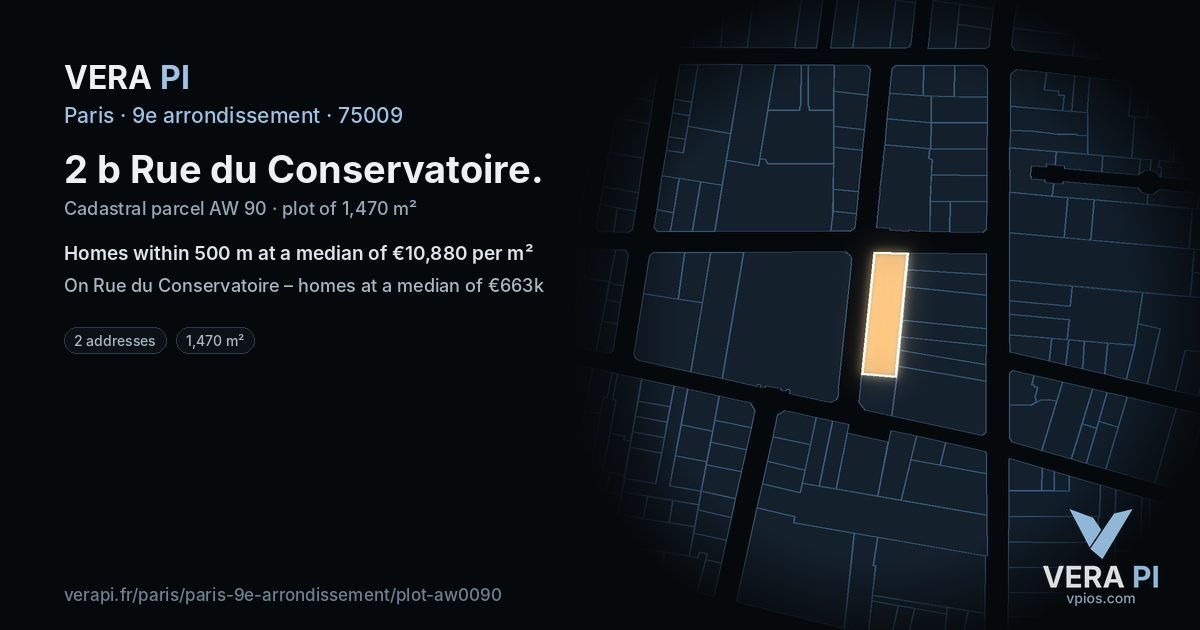 2 b Rue du Conservatoire, 9e arrondissement at night – the plot lit, the parcels around coloured by the prices near them