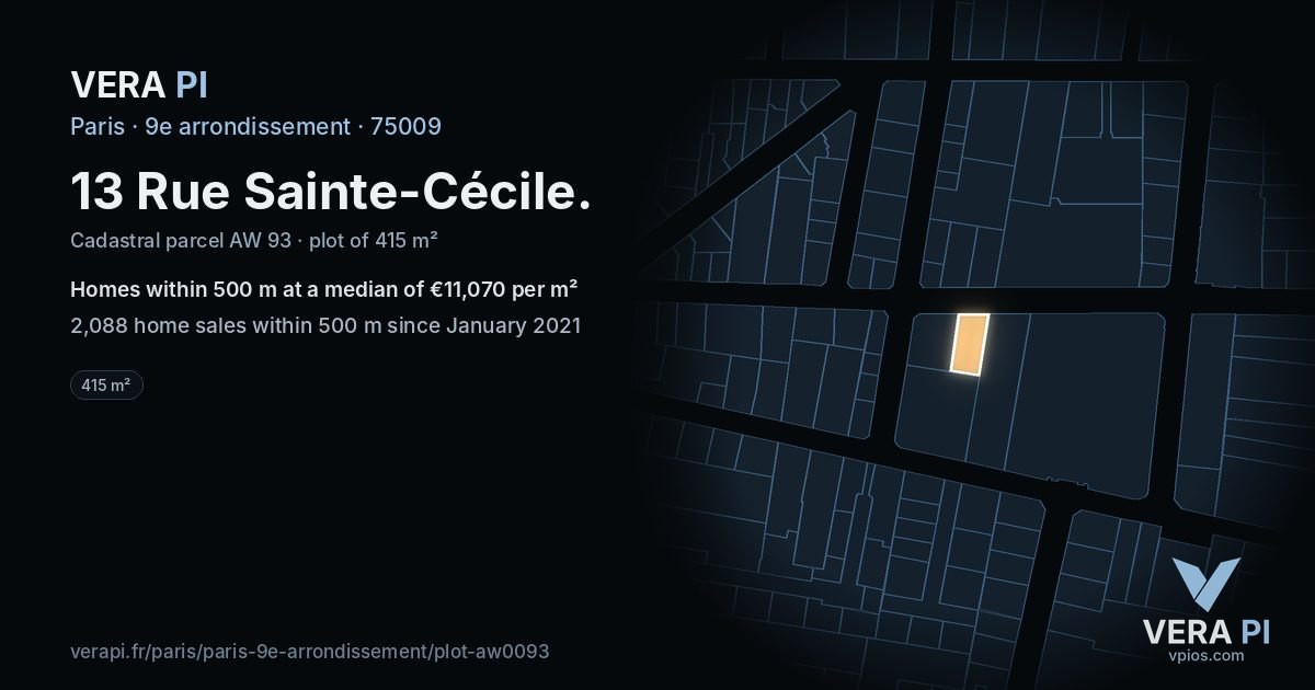 13 Rue Sainte-Cécile, 9e arrondissement at night – the plot lit, the parcels around coloured by the prices near them