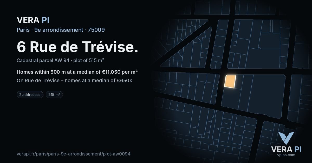 6 Rue de Trévise, 9e arrondissement at night – the plot lit, the parcels around coloured by the prices near them