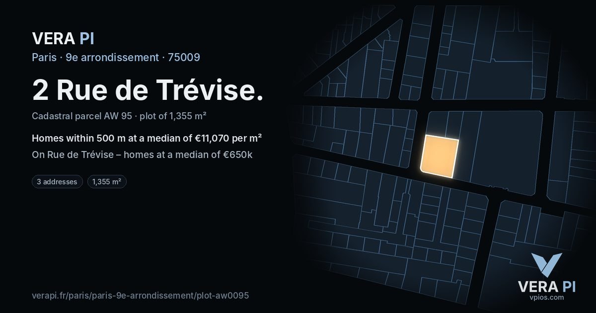 2 Rue de Trévise, 9e arrondissement at night – the plot lit, the parcels around coloured by the prices near them